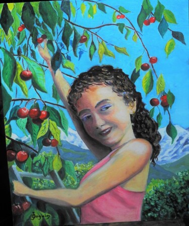 Peinture intitulée "Daphné aux cerises" par Odile Joguin, Œuvre d'art originale, Huile Monté sur Carton