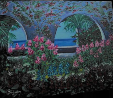 Painting titled "jardin" by Odile Joguin, Original Artwork, Oil Mounted on Cardboard