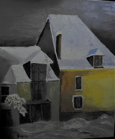 Painting titled "maisons enneigées" by Odile Joguin, Original Artwork, Oil Mounted on Cardboard