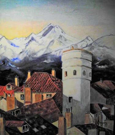 Painting titled "la tour de Clérieux" by Odile Joguin, Original Artwork, Oil Mounted on Cardboard
