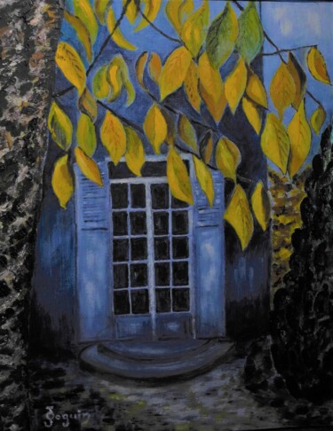 Painting titled "mon jardin en soirée" by Odile Joguin, Original Artwork, Oil Mounted on Cardboard