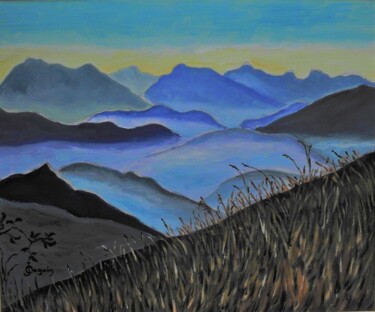 Peinture intitulée "montagne et brume" par Odile Joguin, Œuvre d'art originale, Huile Monté sur Châssis en bois
