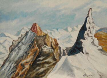 Painting titled "aiguilles rocheuses" by Odile Joguin, Original Artwork, Oil Mounted on Cardboard