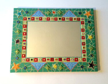 miroir mosaïque "variations sur vert" 45 x 58 cm Design intitulée "miroir mosaïque "va…" par Odile Maffone, Œuvre d'art originale, Mosaïque Monté sur Panneau de bois