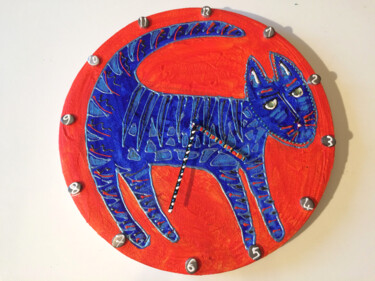 Design intitulée "Horloge "Chat bleu"…" par Odile Maffone, Œuvre d'art originale, Acrylique
