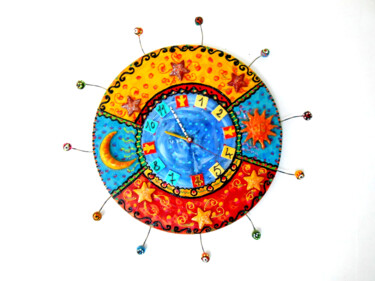 Design intitulée "Horloge "le soleil…" par Odile Maffone, Œuvre d'art originale, Mosaïque Monté sur Panneau de bois