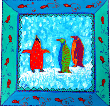 Peinture intitulée ""3 pingouins" acryl…" par Odile Maffone, Œuvre d'art originale, Acrylique
