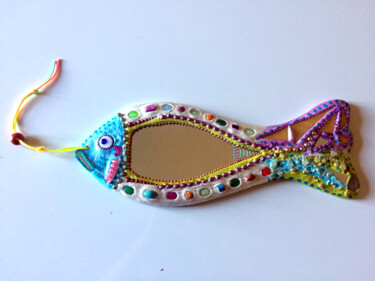 poisson tête bleue -peinture et mosaïque joyeuse Design intitulée "poisson tête bleue…" par Odile Maffone, Œuvre d'art originale, Accessoires Monté sur Panneau de bois