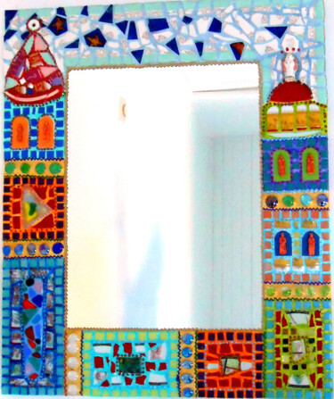 Design mit dem Titel "miroir mural mosaïq…" von Odile Maffone, Original-Kunstwerk, Mosaik Auf Holzplatte montiert