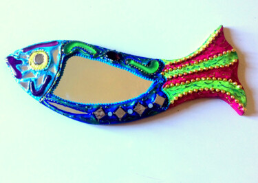 miroirs mosaïque peinture "Poisson bleu et or" Design intitulée "miroirs mosaïque pe…" par Odile Maffone, Œuvre d'art originale, Mosaïque