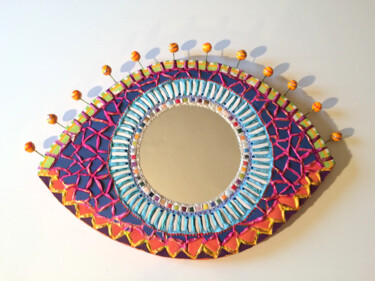 Design intitulée "miroir mural mosaïq…" par Odile Maffone, Œuvre d'art originale, Céramique Monté sur Panneau de bois