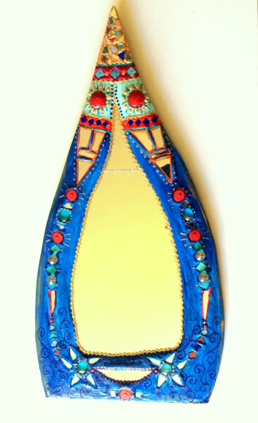 Design intitolato "miroir bleu en poin…" da Odile Maffone, Opera d'arte originale, Acrilico Montato su Pannello di legno