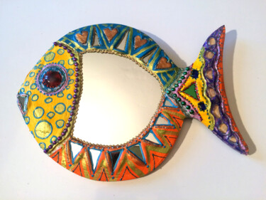 miroir "poisson fête des pères "mosaïque et peinture joyeuse Design intitulée "miroir "poisson fêt…" par Odile Maffone, Œuvre d'art originale, Accessoires