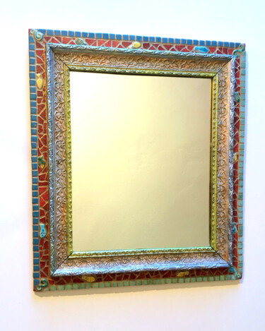miroir mosaïque cadre bois ancien " poissons céramique" Design intitulée "miroir mosaïque cad…" par Odile Maffone, Œuvre d'art originale, Céramique