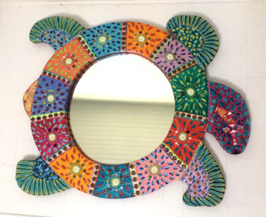 miroir mural mosaïque et peinture "Tortue aux petites fleurs Design intitulée "miroir mural mosaïq…" par Odile Maffone, Œuvre d'art originale, Mosaïque