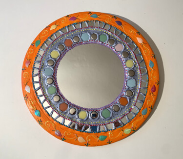 miroir mosaïque rond orange " Camilla" Design intitulée "miroir mosaïque ron…" par Odile Maffone, Œuvre d'art originale, Mosaïque