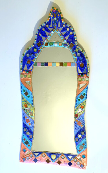 Design intitulada "miroir mural indien…" por Odile Maffone, Obras de arte originais, Mosaico Montado em Painel de madeira