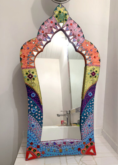 Design intitulée "miroir mural indien…" par Odile Maffone, Œuvre d'art originale, Mosaïque Monté sur Panneau de bois