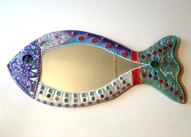 Design mit dem Titel "miroir "poisson arc…" von Odile Maffone, Original-Kunstwerk, Mosaik Auf Keilrahmen aus Holz montiert