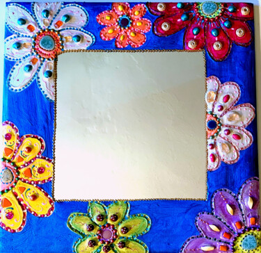 제목이 "miroir carré "fleur…"인 디자인 Odile Maffone로, 원작, 모자이크 목재 패널에 장착됨