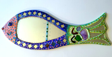 Design getiteld "miroir "poisson que…" door Odile Maffone, Origineel Kunstwerk, Acryl Gemonteerd op Houten paneel