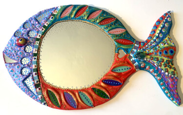 Diseño titulada "poisson miroir mura…" por Odile Maffone, Obra de arte original, Mosaico Montado en Panel de madera