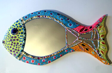 Design intitolato "miroir mural "poiss…" da Odile Maffone, Opera d'arte originale, Mosaico Montato su Pannello di legno