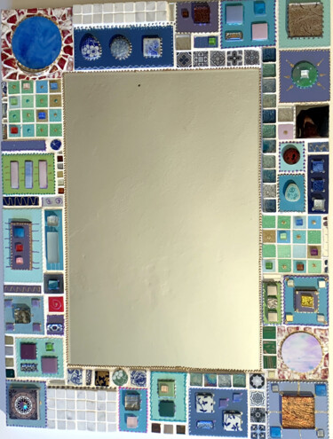 miroir rectangulaire mosaïque céramique "planète bleue" Design titled "miroir rectangulair…" by Odile Maffone, Original Artwork, Mosaic Mounted on Wood Panel