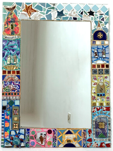 Design mit dem Titel "miroir mosaïque "Dr…" von Odile Maffone, Original-Kunstwerk, Zubehör Auf Holzplatte montiert