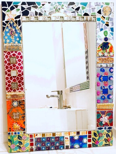 Design intitulée "miroir mosaïque Dre…" par Odile Maffone, Œuvre d'art originale, Accessoires Monté sur Panneau de bois