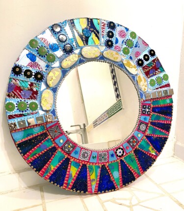 Design intitulée "miroir rond mosaïqu…" par Odile Maffone, Œuvre d'art originale, Accessoires Monté sur Panneau de bois