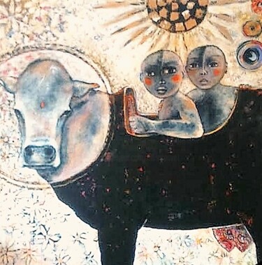 Painting titled "La vache" by Odile Sauve, Original Artwork, Oil