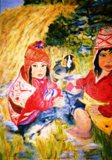 Schilderij getiteld "enfants du lac Titi…" door Odile Tachoires, Origineel Kunstwerk, Olie