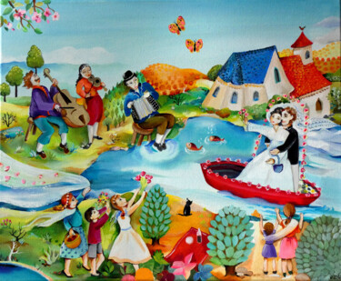 Картина под названием "Les mariés du diman…" - Bron Odile, Подлинное произведение искусства, Масло Установлен на Деревянная…