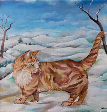 Картина под названием "Un chat en hiver" - Bron Odile, Подлинное произведение искусства, Масло