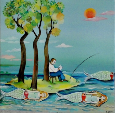 Malerei mit dem Titel "LA PECHE AUX SIRENES" von Bron Odile, Original-Kunstwerk, Öl