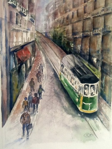 Peinture intitulée "Tramway à Lisbonne" par Ode, Œuvre d'art originale