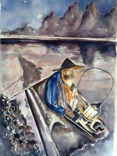 Peinture intitulée "Pêche au lamparo" par Ode, Œuvre d'art originale, Aquarelle