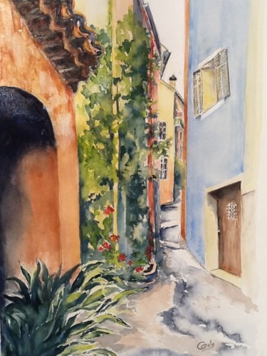 Painting titled "La maison bleue" by Ode, Original Artwork, Watercolor