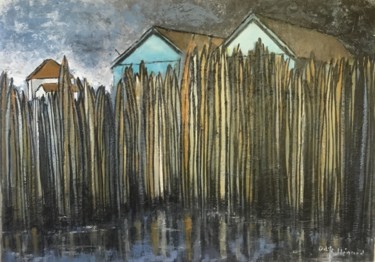 Peinture intitulée "cabanes et roseaux" par Odile Ménard, Œuvre d'art originale, Acrylique