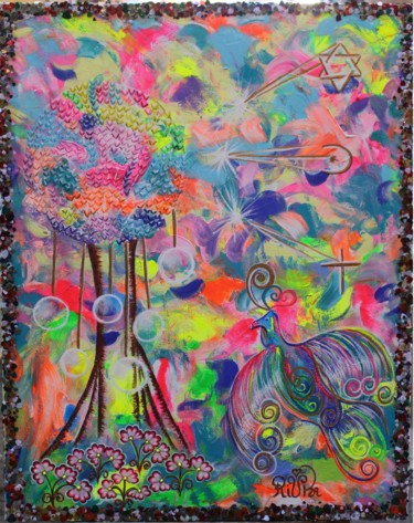 Painting titled "the tree of birds" by Rivka, Original Artwork, Acrylic