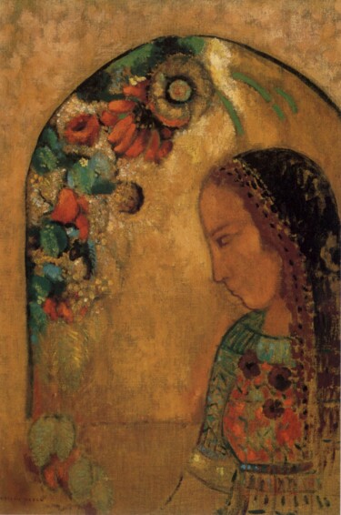 Pintura intitulada "La Dame aux fleurs" por Odilon Redon, Obras de arte originais, Óleo