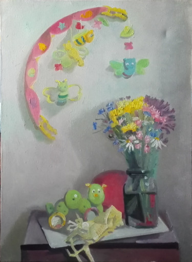 Картина под названием "Still Life with Bees" - Oksana Slezina, Подлинное произведение искусства, Масло