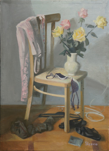 Painting titled "Still Life with Ros…" by Oksana Slezina, Original Artwork, Oil