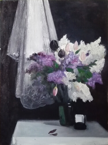 Painting titled "Still Life with Veil" by Oksana Slezina, Original Artwork, Oil