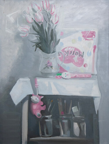 Painting titled "Pink Still Life" by Oksana Slezina, Original Artwork, Oil