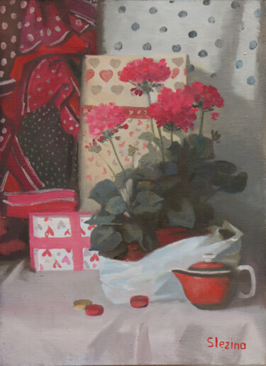Картина под названием "Pink Geraniums" - Oksana Slezina, Подлинное произведение искусства, Масло