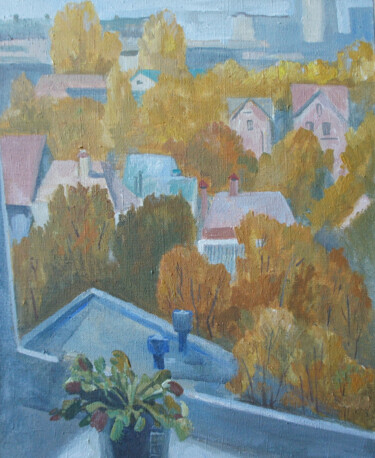 Painting titled "Autumn outside the…" by Oksana Slezina, Original Artwork, Acrylic
