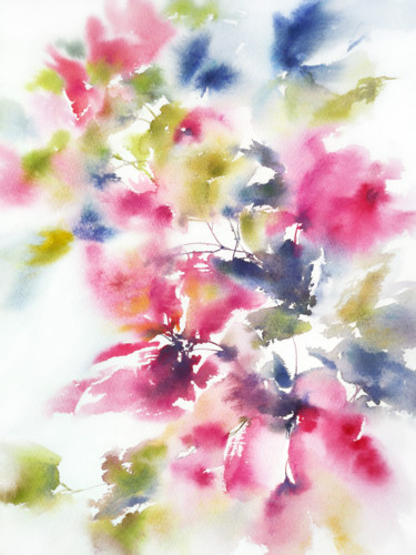 Watercolor loose flowers painting Southern flowers Картина под названием "Watercolor loose fl…" - Olga Grigorevykh, Подлинное произведение искусства, Акварель