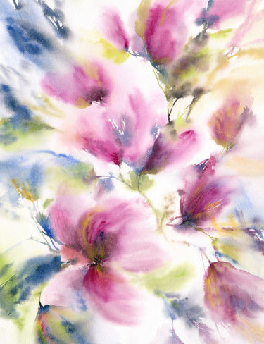 Watercolor loose flowers painting Spring magnolias Картина под названием "Watercolor loose fl…" - Olga Grigorevykh, Подлинное произведение искусства, Акварель